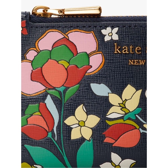 KATE SPADE Navy Pink Embossed Floral Garden Flower Bed Small Slim Bifold Wallet - Picture 9 of 16